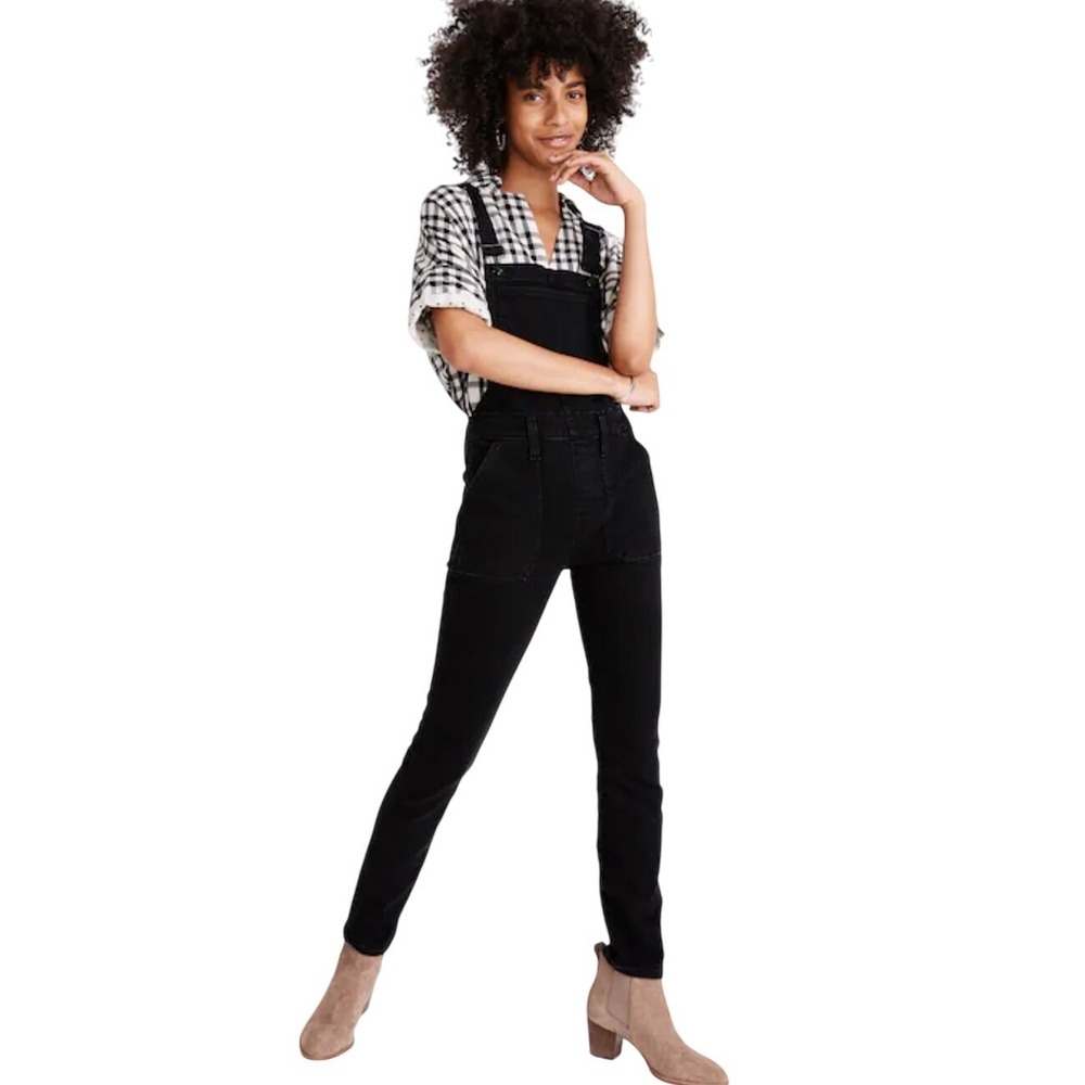 Madewell Skinny Overalls Black Denim Women's XS Raw Hem Crossback